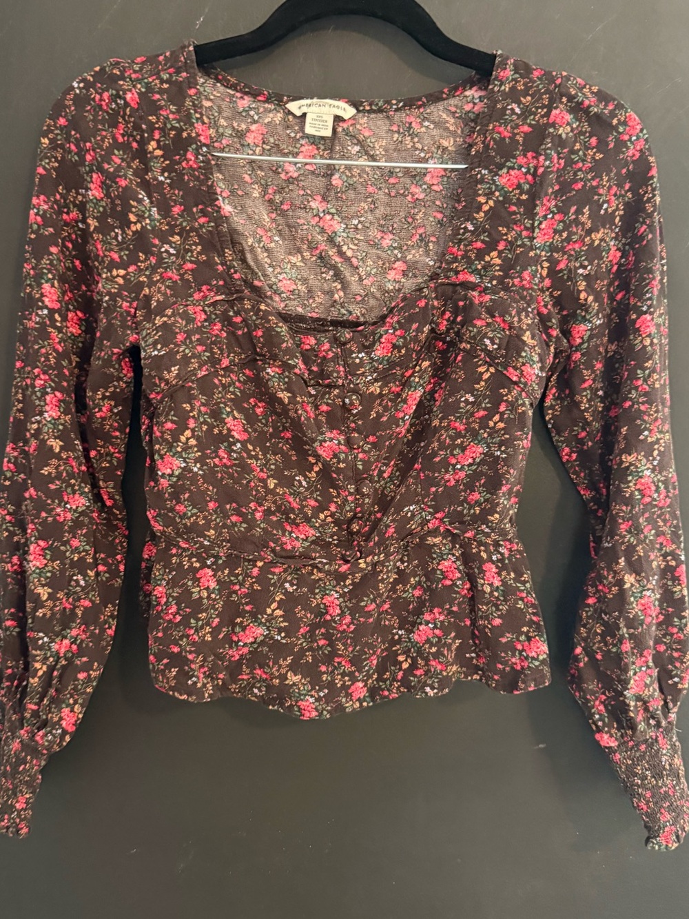 American Eagle Outfitters Brown Floral Scoop-Neck Peplum Cropped Blouse XXS